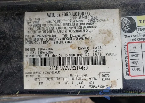 2009 Ford Fusion Se z USA, uszkodzony, nr VIN 3FAHP07Z99R214460